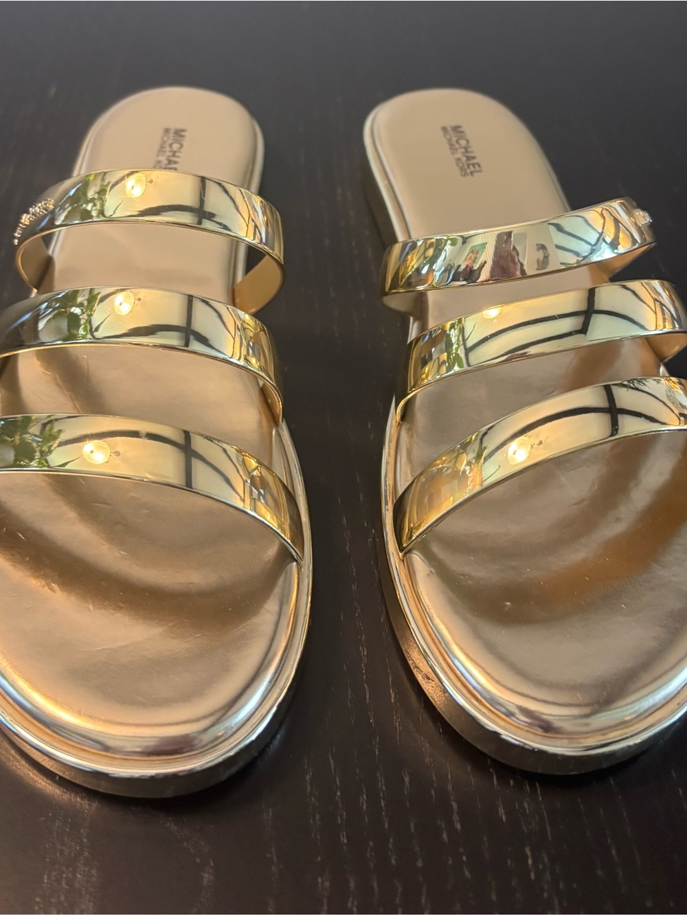 Michael Kors Metallic Gold Triple-Strap Slide Sandals - Women's